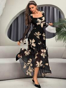 Women's Elegant Sexy Long Sleeve Y2K Romantic Pleated Two-Layer Long Sleeve Abstract Leopard Print Dress