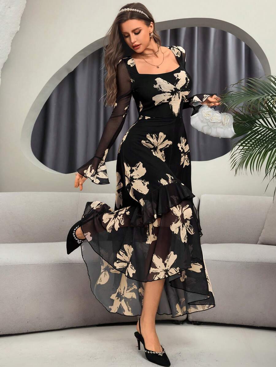 Women's Elegant Sexy Long Sleeve Y2K Romantic Pleated Two-Layer Long Sleeve Abstract Leopard Print Dress