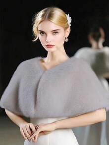 1 Piece Of Women's Milk White Faux Fur Fox Fur Shawl Cape Party Wedding Dress, Paired With A Short Cloak Jacket For Autumn And Winter Warmth Holiday Gift Warm Plush Shawl - Multicolor - View 7