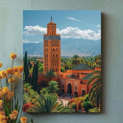 1 pieza de Arte de Pared con Canvas Enmarcado - Paisaje Marroquí de Marrakech, Escena Cultural Vibrante con Arquitectura Tradicional, Impresión Premium en Canvas para Decoración de Sala de Estar, Dormitorio, Oficina - Regalo Perfecto para Amantes del Hogar y de los Viajes, Gran Arte de Pared en Canvas