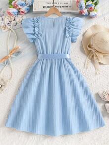 Robe décontractée avec manches courtes pour préadolescentes avec ceinture, robe de couleur unie douce pour filles