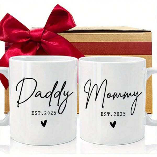 2pcs 2025 New Daddy Mommy Mugs Set Gift For New Parents, 2025 Parents To Be Gift, Baby Reveal Pregnancy Announcement Gifts For New Parents, First Time Dad Mom Gifts, Valentine's Day Gift Back To School