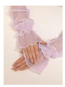 女士网状透明褶边袖口腕部手套，带褶边 - 紫色 - 查看 3