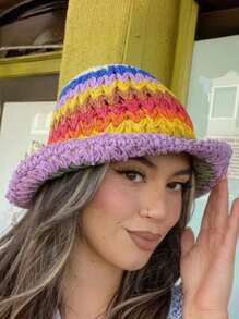 1 pièce Chapeau seau en paille rayé bicolore pour femmes, adapté pour le port quotidien, les sorties d'été et les vacances pour la protection solaire Boho