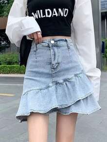 女士休闲拼接荷叶边牛仔迷你裙 夏季 - 淺色水洗藍 - 查看 4