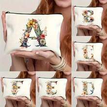 26-Letter Floral Alphabet Canvas Pouch - Lightweight Foldable Cosmetic Bag With Zipper Closure, Machine-Washable White Toiletry & Pen Case For Women, Mothers, Daughters - Perfect Graduation, Wedding, Holiday Gift