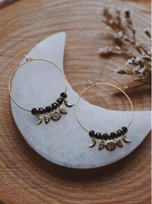 2 brincos de argola estilo boho com pedras preciosas pretas e lua dourada, brincos de liga para mulheres, adequados para sair, festas, uso diário