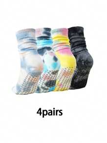 1 Paar / 4 Paar bunte Batik Mittelfuß Yoga Socken für Frauen, eleganter Retro-Stil für Pilates, Yoga, Gym, Zuhause, rutschfeste Silikonpunkte an der Unterseite, atmungsaktiv für alle Jahreszeiten