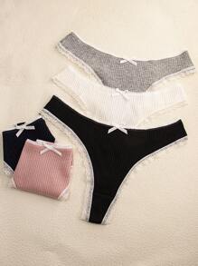 Paquete de 5 bragas tipo G con ribete de encaje y moño sexy, de colores múltiples, para mujeres