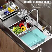 Fregadero De Cocina, 80 * 45 * 22cm Fregadero De Cascada, Fregadero De Lluvia Volador Con Arandela De Copa y 3 En 1 Grifoíble En Cascada, 304 Acero Inoxidable, Plateado - Plateado - Ver 12