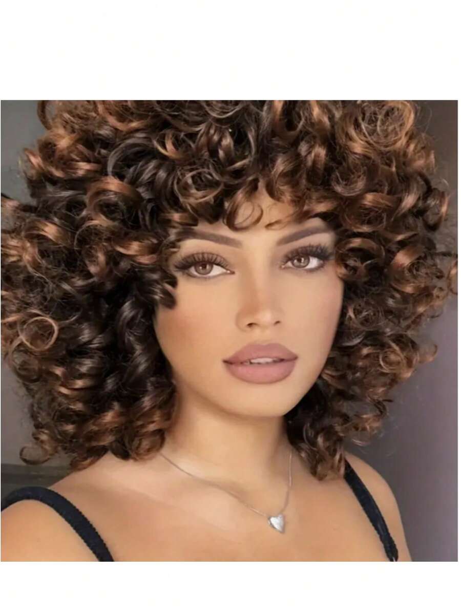 Synthetic Heat Resistant Wig Bouncy Full Curly Wig With Bangs 14 Inch 1BT30 Chemical Fiber Wig With Bangs Daily Used Easy To Wear Beginner Friendly Big Bouncy Fluff Curly Wig - 1BT30 - 查看 1