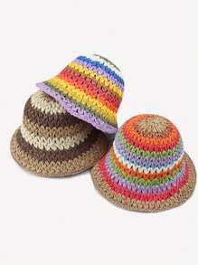 1 pièce Chapeau seau en paille rayé bicolore pour femmes, adapté pour le port quotidien, les sorties d'été et les vacances pour la protection solaire Boho