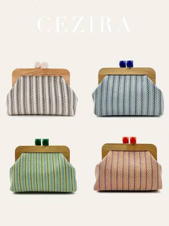 STEPHIECATHY 女士时尚草编手拿包木质磁扣锁彩色条纹沙滩手提包长链斜挎单肩包优雅便携约会旅行度假