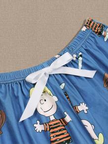 SNOOPY Authorized PEANUTS Snoopy 2pcs/Set Printed T-Shirt And Shorts, Casual And Comfortable Home Sleepwear Set For Summer Outfit