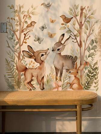 1set Rustic Forest Deer Wall Decal, Removable Self-Adhesive PVC Wall Sticker, Contemporary Cartoon Animal Theme, Rectangular Shape, One-Time Use, For Bedroom, Living Room, Study Room Decor