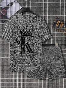 بدلة رياضية كاجوال مطبوع عليها الحرف K باللون الأسود للرجال كبار الحجم، مجموعة قمصان قصيرة الأكمام ذات رسومات حروف وأكسسورات كاجوال مرسومة، بأكمام قصيرة طقم عادي - متعدد الألوان - مشاهدة 4