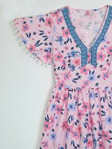 Vestido Casual De Mujer, Vestido De Manga Volantes Con Diseño De Borla, Vestido Con Cuello En V, Vestido Con Estampado Floral - Rosa - Ver 5