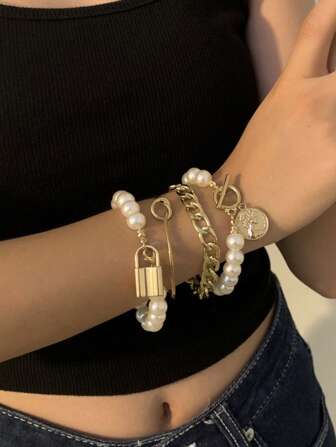4pcs Exaggerated Multilayer Charm Bracelet Set, Minimalist Pearl & Alloy Bracelet