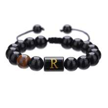 1pc Natural Black Agate 26 Letter Beaded Adjustable Braided Bracelet, Suitable For Various Occasions Like Festivals, Sports, Casual, Business Wear