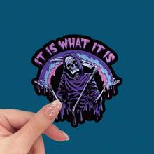 VS098 It Is What It Is Shrugging Reaper Vinyl Sticker / Skeleton With Dripping Rainbow / Funny Pastel Goth Decal / Dark Vibes, School Supplies,Back To School
