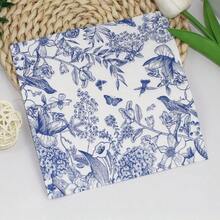 1包6.5*6.5英寸青花瓷花卉印花餐巾，素描花鸟印花纸巾，适用于婚礼、生日、毕业典礼、酒吧派对、装饰印花餐巾