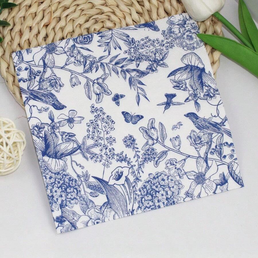 1包6.5*6.5英寸青花瓷花卉印花餐巾，素描花鸟印花纸巾，适用于婚礼、生日、毕业典礼、酒吧派对、装饰印花餐巾