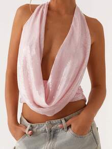Womens Y2k Halter Top Sequin Sparkly Cowl Neck Tank Tops Sleeveless Backless Glitter Camisole Going Out - Hồng - Xem 2