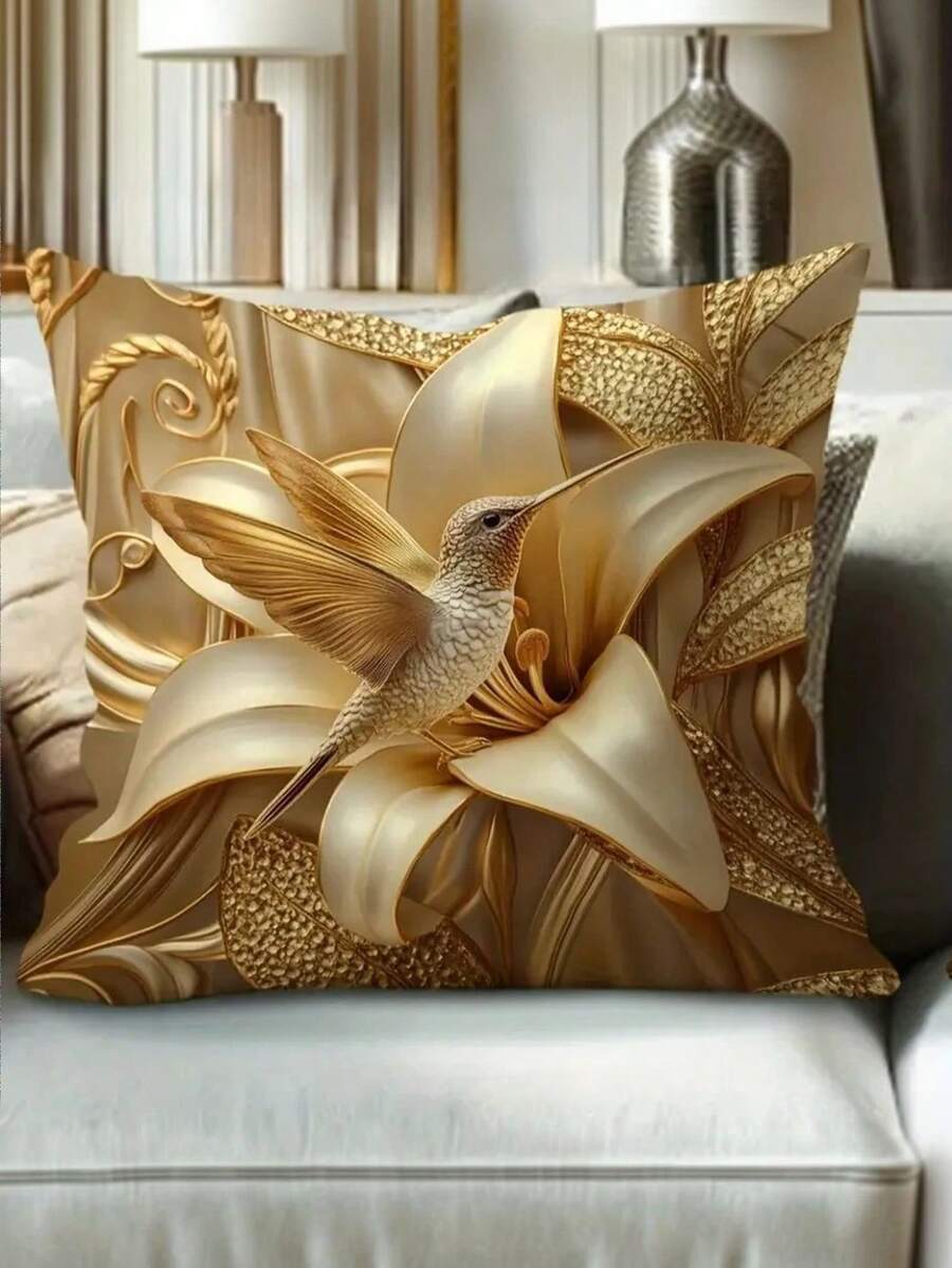 1/2/4pcs Modern Hummingbird & Giant Lily Flower Pattern Throw Pillow Covers, Machine Washable, 100% Polyester, Decorative Soft Cushion Covers For Living Room, Bedroom, Sofa, Single-Sided Printing, Pillow Insert Not Included - Gold - View 1