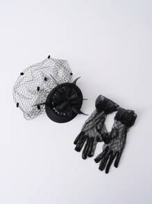 1 Stück Elegant Schwarzer Vintage Damen Minihut mit Feder & Perle, Tüll Kopfschmuck mit Spitzen- & Mesh-Handschuhen Set
