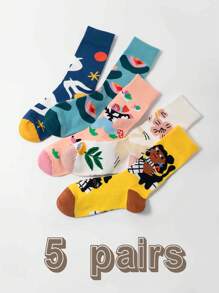 5 Pairs Mixed Color Art Illustration Cartoon Figure & Animal Pattern Fashionable Mid-Calf Socks, Great Gift For Family And Friends