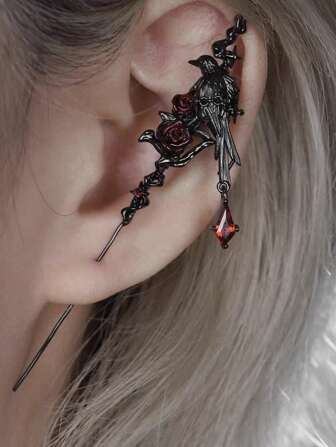 1 件女士深色哥特式设计链式乌鸦耳环，创意独特的不对称树枝花耳环，优雅别致的风格