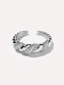 925 Sterling Silver Eternal Twisted Zirconia Open Ring, Luxury Unique Design For Women's Daily Wear