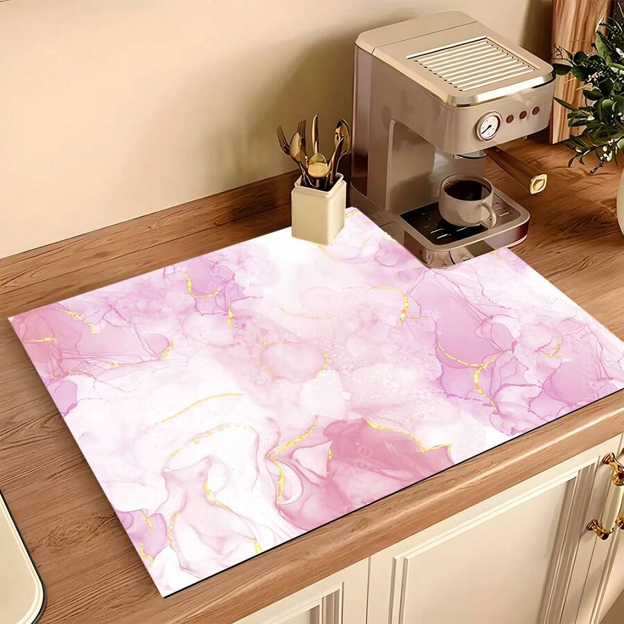1 pieza Alfombrilla de secado de goma con estampado de textura de mármol rosa, adecuada para cafeterías, restaurantes, cocinas, duradera estera de diatomita para mesa, estera para mascotas
