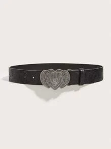 2pcs Unisex Heart Print & Solid Color Western Style Vintage PU Leather Belt, Suitable For All Seasons Fall, Autumn, Halloween
