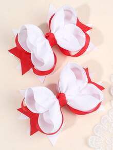 2pcs Navy Blue & White Contrast Bowknot Hair Clips, Satin Ribbon Hair Accessories, Suitable For School, Wedding, Formal Occasions - Multicolor - View 4