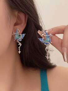 1 Pair Women's Luxury Vintage Metal Snake & Blue Butterfly Stud Earrings, Exaggerated Design For Party, Banquet
