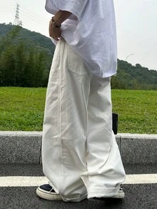 1 件复古水洗宽松阔腿牛仔裤，男士休闲宽松长裤 - 白色 - 查看 3