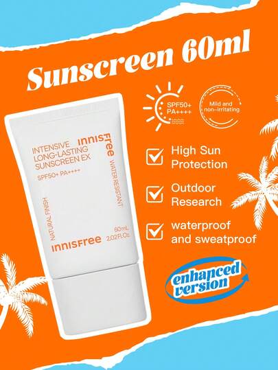  高倍防晒、持久防水 Innisfree 济州火山泥防晒霜 EX，60ml，SPF50+ PA++++，蕴含济州绿茶和积雪草提取物，质地轻盈，不泛白，防水防汗，舒缓修护，适合油性/混合性肌肤，户外及海滩使用