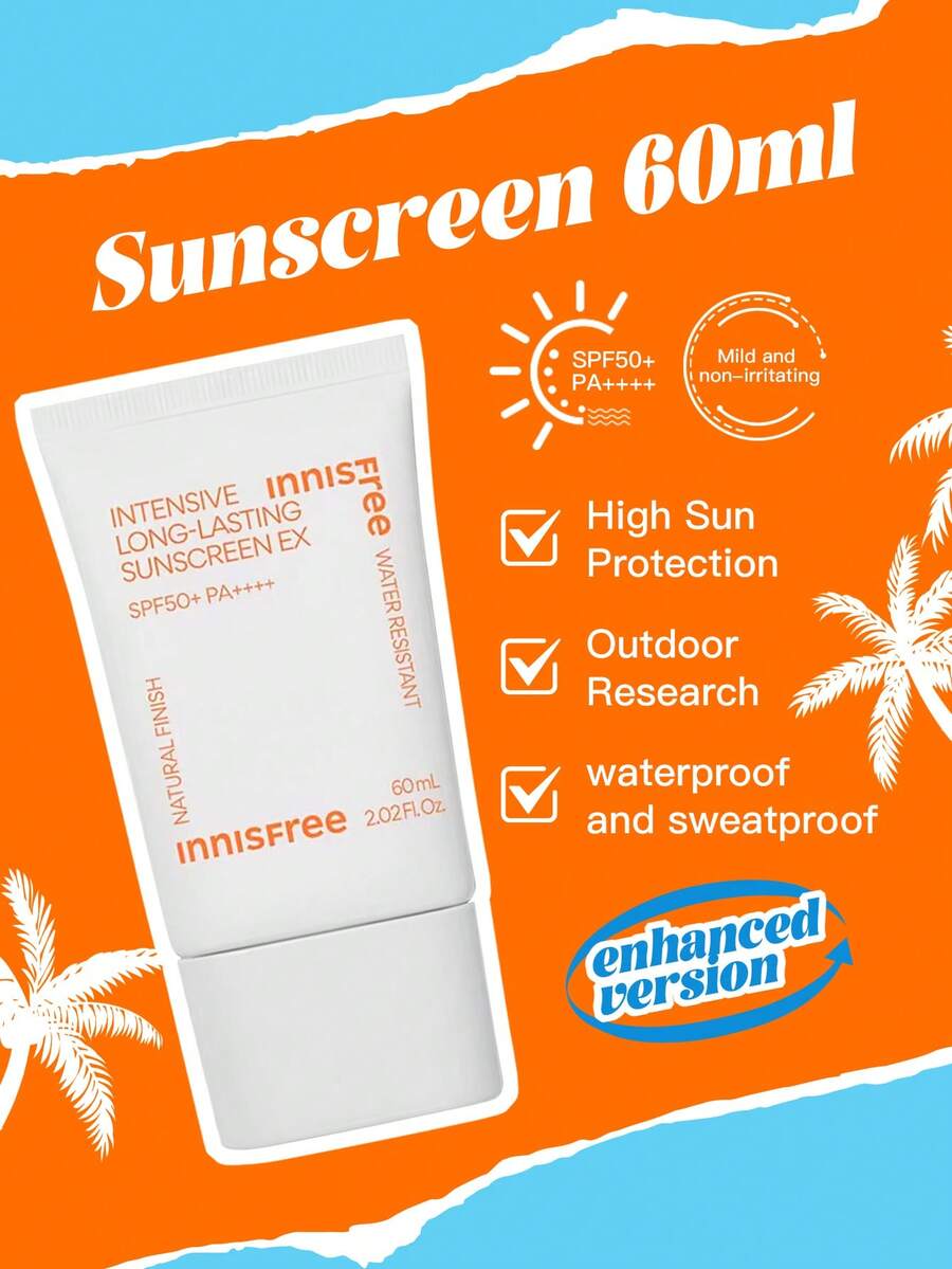 高倍防晒、持久防水 Innisfree 济州火山泥防晒霜 EX，60ml，SPF50+ PA++++，蕴含济州绿茶和积雪草提取物，质地轻盈，不泛白，防水防汗，舒缓修护，适合油性/混合性肌肤，户外及海滩使用 - 橘色 - 查看 1