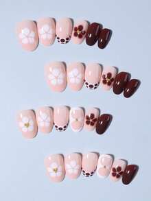 24pcs Oval Flower Nail Stickers, French Style Acrylic Material, Perfect Fit, Set Includes: 1pc Gel Polish And 1pc Nail File - View 3