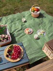 1 pieza Atractiva esterilla rectangular de picnic a cuadros verdes y blancos - Mantel de rayón tejido con bordes de cierre, apto para campamentos, viajes a la playa, fondo fotográfico, accesorio de picnic