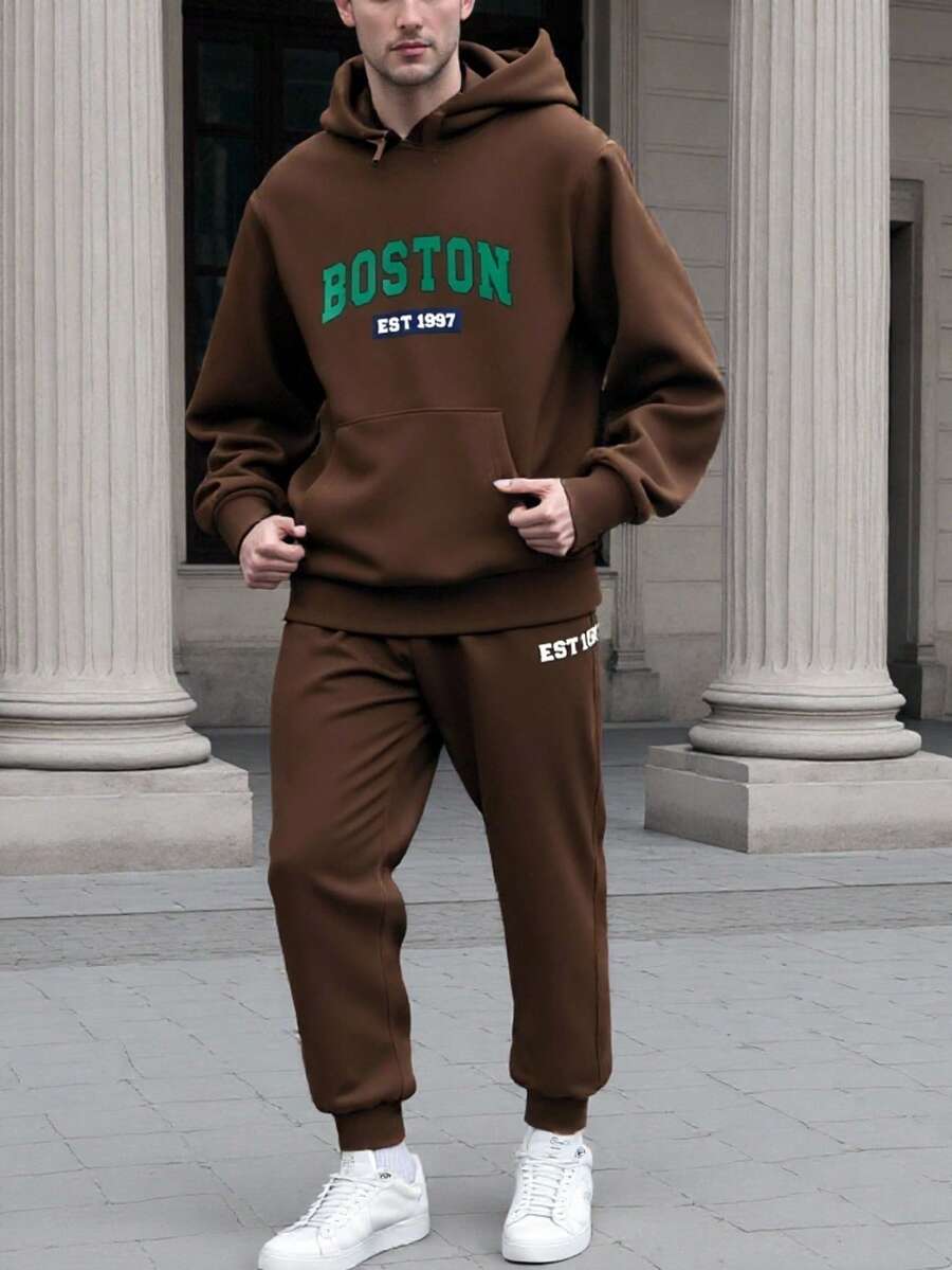 Conjunto de sudadera con capucha para hombre Boston Est 1997, chándal deportivo de poliéster con bolsillos, sudadera con capucha informal de punto holgado de otoño/invierno con estampado y pantalones de chándal, conjunto de salón de punto holgado de manga larga - Marrón - Ver 1