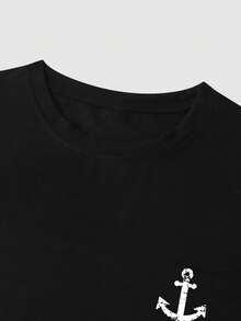 Manfinity Homme Camisetas de algodón para hombre, corte de cuello redondo ajustado, manga corta, camiseta gráfica casual de verano con ancla de poliéster en azul marino - Negro - Ver 5