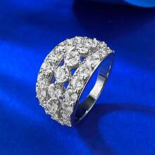 SHE IN Cubic Zirconia Three Row Eternity Ring For Women Round Cut CZ Sterling Silver Wide Wedding Bands Rings For Her