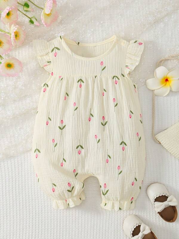 MommBaby Conjunto de mamelucos y pantalones cortos de niña recién nacida con manga de volante y abotonadura, diseño floral, lindo y cómodo atuendo de verano