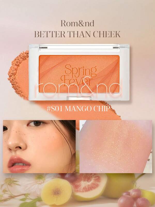 Rom&nd BETTER THAN CHEEK S01 MANGO CHIP, Skin-Fusing Matte, Velvety Cream-Powder, Tipsy Gradient Effect, Warm Skin Brightening, Oil-Proof, Dry Skin-Friendly, 5-Second Glow, Under-Eye Brightener, Ombre Embossed Case, Color Intensity Guide, K-Beauty, Korean Makeup, 3.4g/0.12oz
