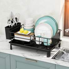 Escurridor de platos, escurreplatos para encimera de cocina, escurridor de gran capacidad con soporte para cubiertos, organizador de cocina para platos, cucharas y tenedores, color negro
