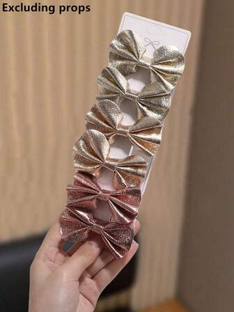 6pcs/Set Girls' PU Leather Glitter Bow Hair Clips Set, No Card