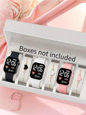 6/4/1pc Set Of Simple And Cute LED Screen Square Digital Display Electronic Watches And Heart-Shaped Bracelets Suitable For Junior And Senior High School Students, A Gift For Teen