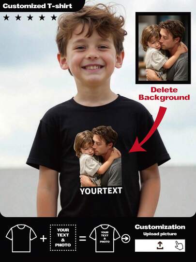 1pc Customized Tween Boy Outdoor Round Neck Short Sleeve T-Shirt, Photo/Graphic/Text Print Children's T-Shirt, Customize Your Photo/Quotes/Family/Idol/Cartoon/Pet/Friends, Custom T-Shirt, Back To School, Spring/Summer Apparel, Holiday Gift, Birthday Gift, Outdoor Casual Short Sleeve T-Shirt